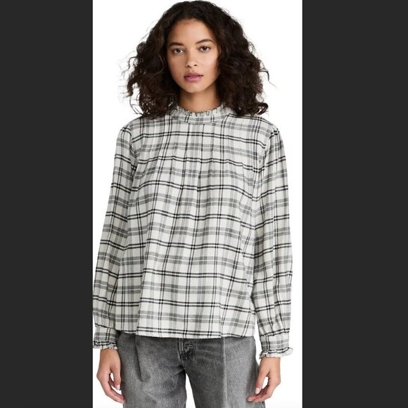 RAILS Black Ivory Plaid Ruffle Sleeve High Neck Pleated Flannel Blouse Small - Picture 1 of 8